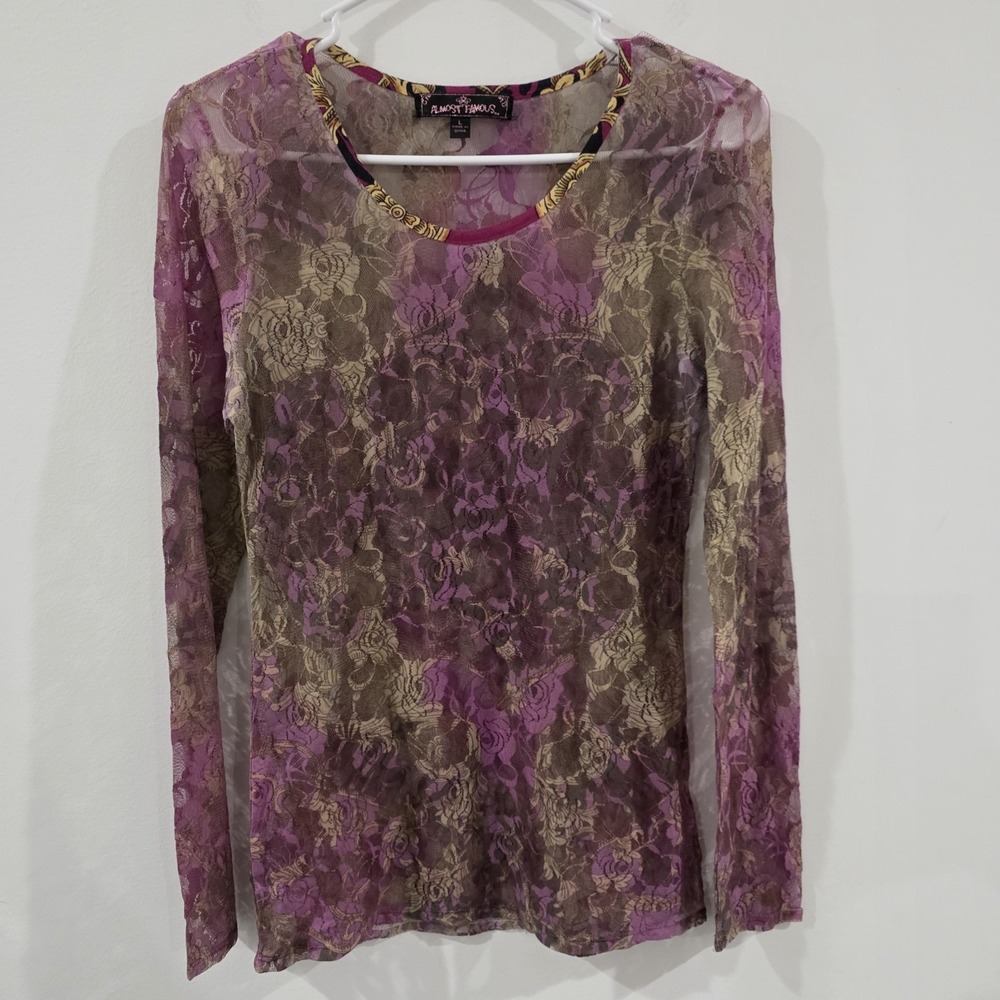 Y2K Vintage Almost Famous Womens Floral Lace Sheer Top Size Large Fairy‎ Fitted